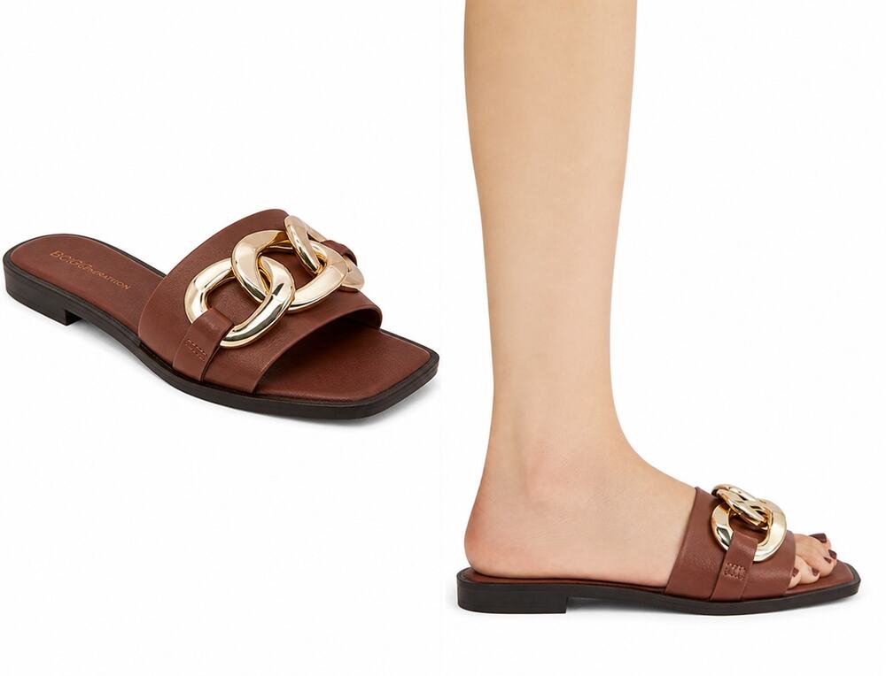 BCBGeneration Larisa Brown Slide Sandals Gold Chain Detail Women’s Size 8.5 NWOT